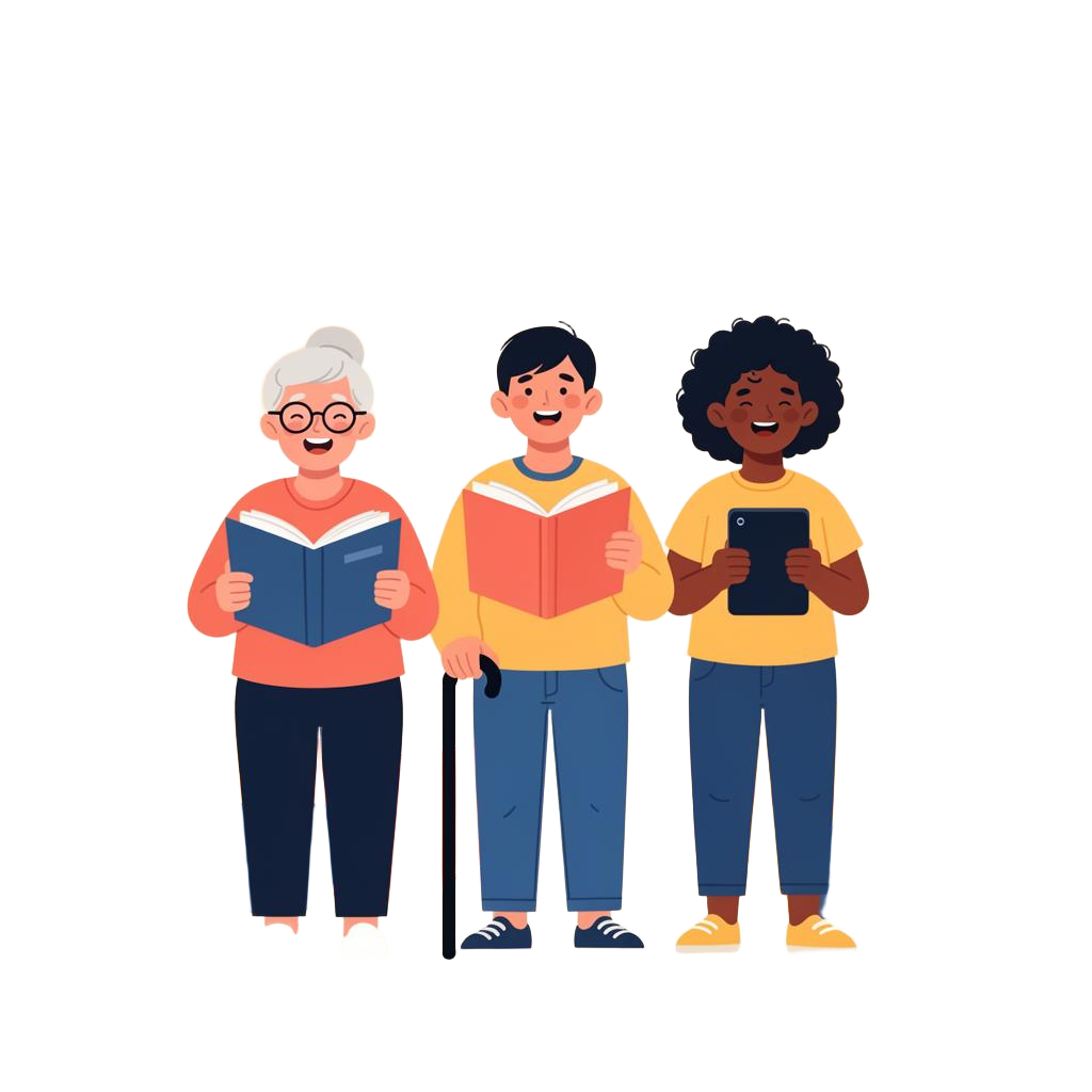 Trois personnes — une aînée, une personne avec une canne, un adolescent — lisent ensemble avec le sourire.